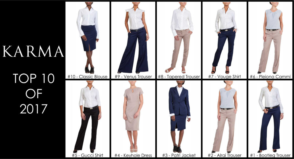 Our Top 10 – Wrapping Up Corporate Wear in 2017 39 KARMA Clothings top 10 gallery. Ten outfits rated from the classic blouse (10) to the bootleg trouser (1)