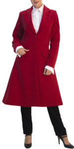 Model wearing women's red outfit with coat