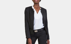 Model wearing women's black blazer