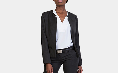 Model wearing women's black blazer