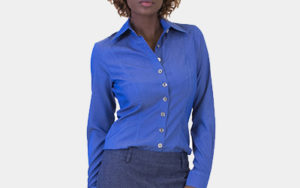 Model wearing women's blue button up