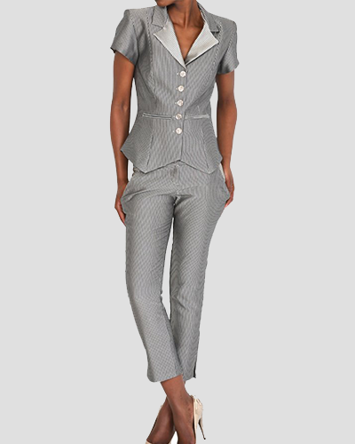 Model wearing women's striped silverpants full outfit