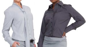 Two models wearing KARMA Corporate's women's shirts