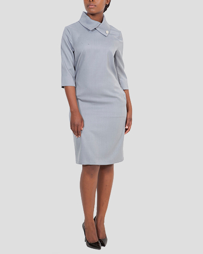 Model wearing women's full silver dress