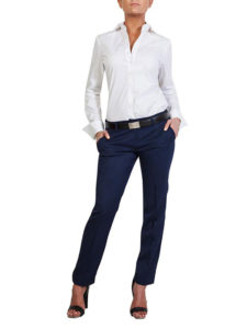 Woman wearing blue trouseres and a white shirt