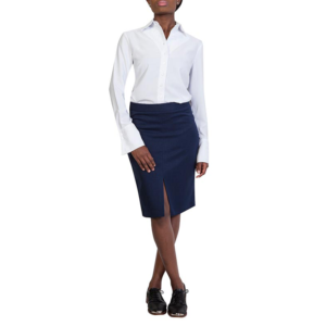 Elegant white blouse paired with a navy pencil skirt featuring a front slit, perfect for professional and office wear.
