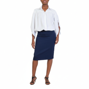 Stylish woman in a crisp white split-sleeve shirt, navy blue pencil skirt, and sleek black high-heeled sandals.