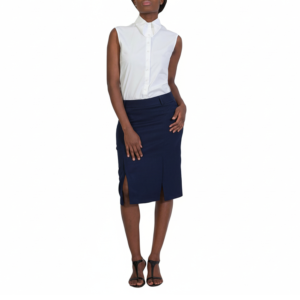 Professional woman in sleeveless white collared shirt, navy pencil skirt with front slits, black sandals, hands in pockets.