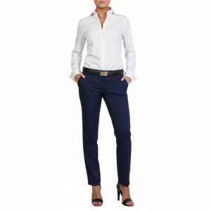 Fashion model in a crisp white collared shirt, navy dress trousers, black belt, and black high heels, hands in pockets.