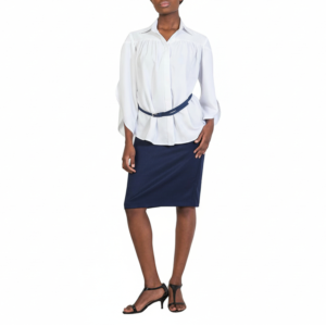 Elegant white Zetula blouse paired with a navy blue skirt, perfect for professional or casual wear. Crafted for comfort and style, ideal for versatile wardrobe options.