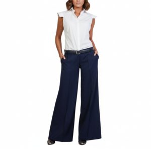 Woman in white sleeveless top, dark blue wide-leg pants, black belt, and dark flat shoes. Casual chic fashion.