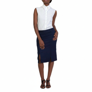 Professional woman in white sleeveless collared blouse, navy blue pencil skirt with front slits, and black heeled sandals.