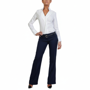 Professional in white collared shirt, dark blue dress trousers, black belt, and pointed-toe heels.
