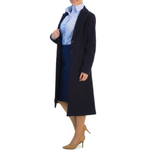 Person in a navy long coat, light blue striped shirt, navy skirt, and nude heels, holding coat lapel and smiling.