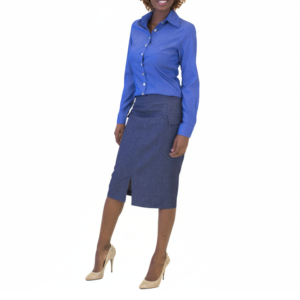Smiling woman in a blue long-sleeve shirt, dark blue pencil skirt, and nude high heels, standing.