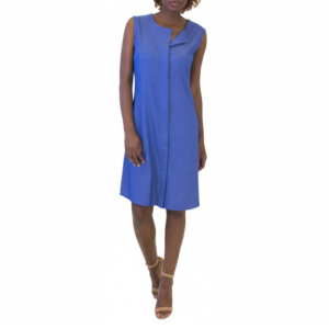 Stylish woman in a royal blue sleeveless V-neck dress with a front pleat, complemented by tan heels.