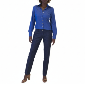 Casual outfit featuring a blue button-up shirt, dark blue slim-fit pants, and tan block heel sandals.