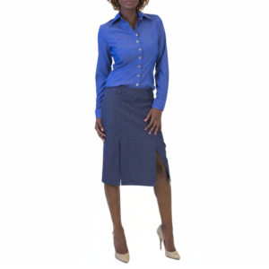 Professional woman in a blue button-up, dark blue knee-length skirt with a front pleat and side slit, and nude heels.