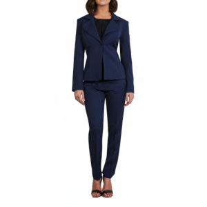 Woman in a tailored navy blue pantsuit, black top, and black open-toe heels.