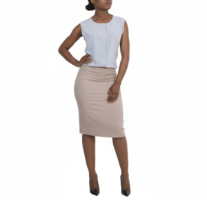 Elegant grey Zeta blouse paired with a beige pencil skirt, perfect for professional or casual wear. Crafted for comfort and style, ideal for versatile wardrobe options.
