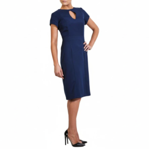 Navy blue keyhole knee-length dress with short sleeves, styled on a model with black high heels.
