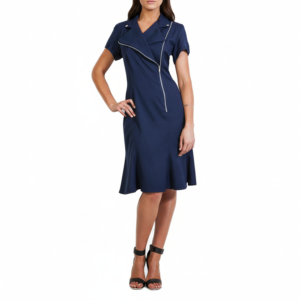 Woman in a navy blue short-sleeved lapel dress with a diagonal silver zipper and flared hem.