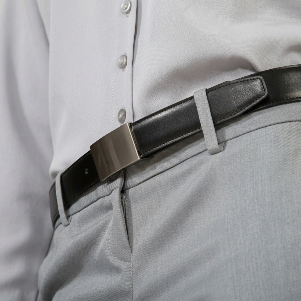 Person in a light grey shirt and matching trousers, cinched with a black leather belt featuring a brushed silver buckle.