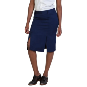 Person in crisp white shirt, stylish navy blue pencil skirt with two front slits, and sleek black lace-up shoes.