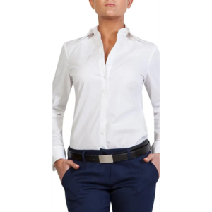 Frontal view: Person in crisp white button-up shirt, dark blue trousers, black belt, hands in pockets. Business casual.
