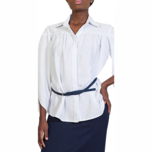Elegant white Zetula blouse with a relaxed fit and subtle pleats, perfect for professional or casual wear. Made from high-quality fabric, featuring a classic collar and a stylish waist tie.