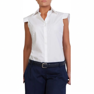 Professional woman in a white sleeveless collared shirt, dark blue trousers, and belt with silver buckle.