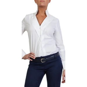 White long-sleeve shirt, stand-up pleated V-neck, navy trousers, dark belt, silver buckle, on person with hand on hip.