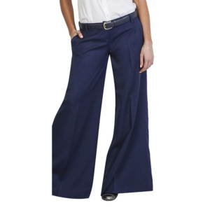 Smart casual ensemble: navy wide-leg trousers, white shirt, black belt, dark shoes. Hand in pocket.