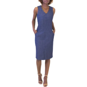 Woman in a blue V-neck sleeveless midi dress with front pockets, standing with hands in pockets, wearing tan heels.