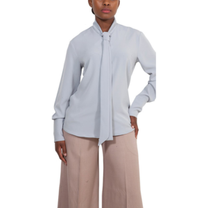 Elegant grey Mira blouse with a tie-neck detail, perfect for professional or casual wear. Made from high-quality fabric, offering comfort and style for everyday fashion.