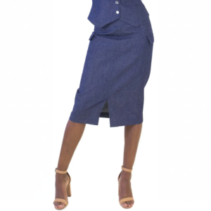Blue denim pencil skirt with a front slit, paired with nude high-heeled sandals.