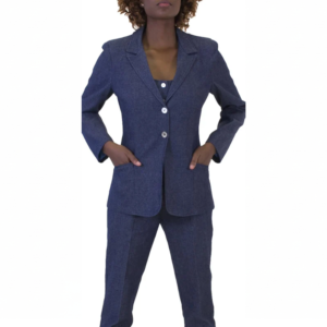 Professional in a tailored navy blue suit, hands in pockets.