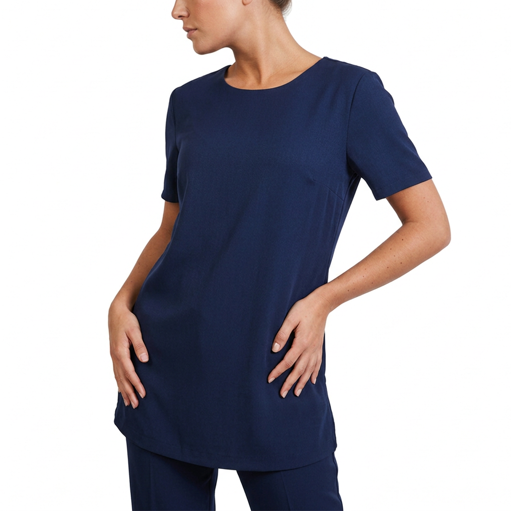 Professional woman in navy medical tunic and pants, hands on hips, looking left confidently.
