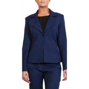 Navy blue tailored pantsuit featuring a single-button blazer, matching trousers, and a black top. Professional business attire.