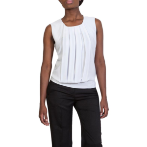Woman in a white pleated sleeveless top and black trousers, standing front-facing on a clean white background.
