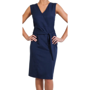 Elegant navy blue sleeveless V-neck wrap dress, tie-waist, modeled with hands on hips.