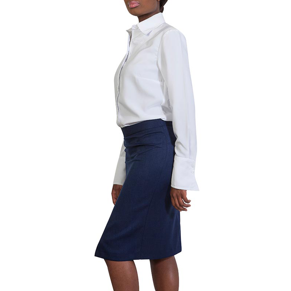 Person in white long-sleeved shirt and navy blue pencil skirt, professional business attire. Profile view, looking down.