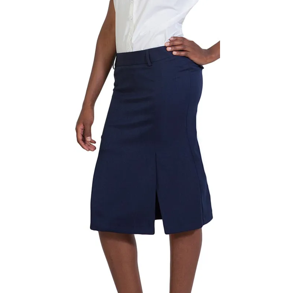 Professional in white shirt and navy blue knee-length pencil skirt with front slit, hand on hip. Cropped chest to knees.
