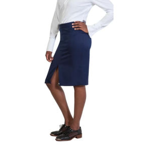 Person wearing a crisp white shirt, navy blue pencil skirt with a front slit, and black professional shoes, standing side view.