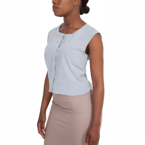 Elegant grey Zeta blouse with a sleek front zipper, perfect for versatile office or casual wear. Crafted from comfortable, high-quality fabric for a stylish and professional look.