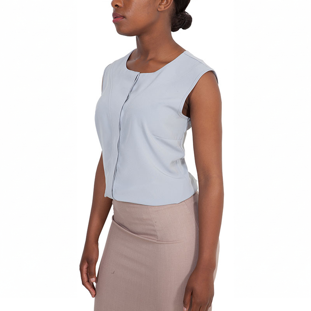Elegant grey Zeta blouse with a sleek front zipper, perfect for versatile office or casual wear. Crafted from comfortable, high-quality fabric for a stylish and professional look.