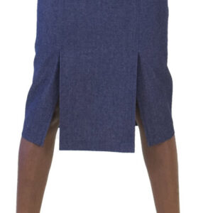 Stylish denim pencil skirt with front slit, perfect for a professional or casual look, paired with heels and a blue shirt for versatile fashion options.