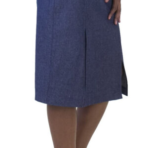 Karma Clothing 2.0 denim skirt, professional office fashion, stylish formal skirt with side slit, perfect for workwear and business attire, high-quality fabric for comfort and style.