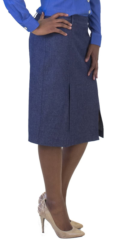 Karma Clothing 2.0 denim skirt, professional office fashion, stylish formal skirt with side slit, perfect for workwear and business attire, high-quality fabric for comfort and style.
