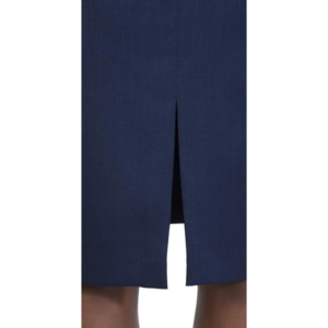 Navy blue pencil skirt with a back vent, hemmed above the knee, revealing legs.